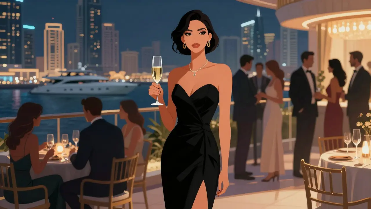 An elegant event companion stands at a rooftop gala in Dubai, holding champagne, surrounded by blurred guests and city lights.