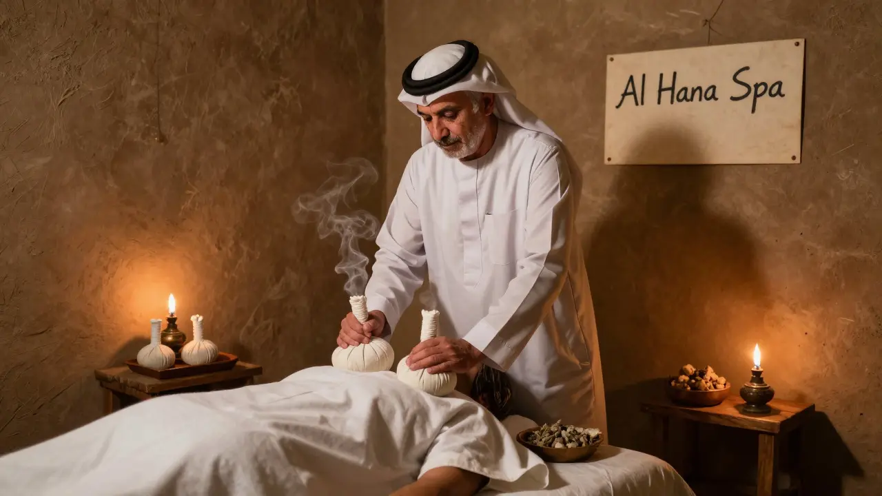 An Emirati healer performs a traditional herbal poultice massage in a quiet, unmarked studio with clay walls and oil lamps.