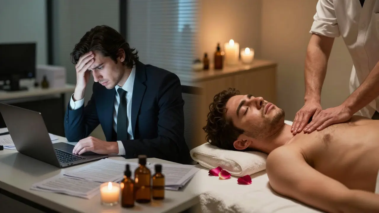 Contrasting image of a stressed office worker and the same person peacefully receiving a massage in a luxury spa.
