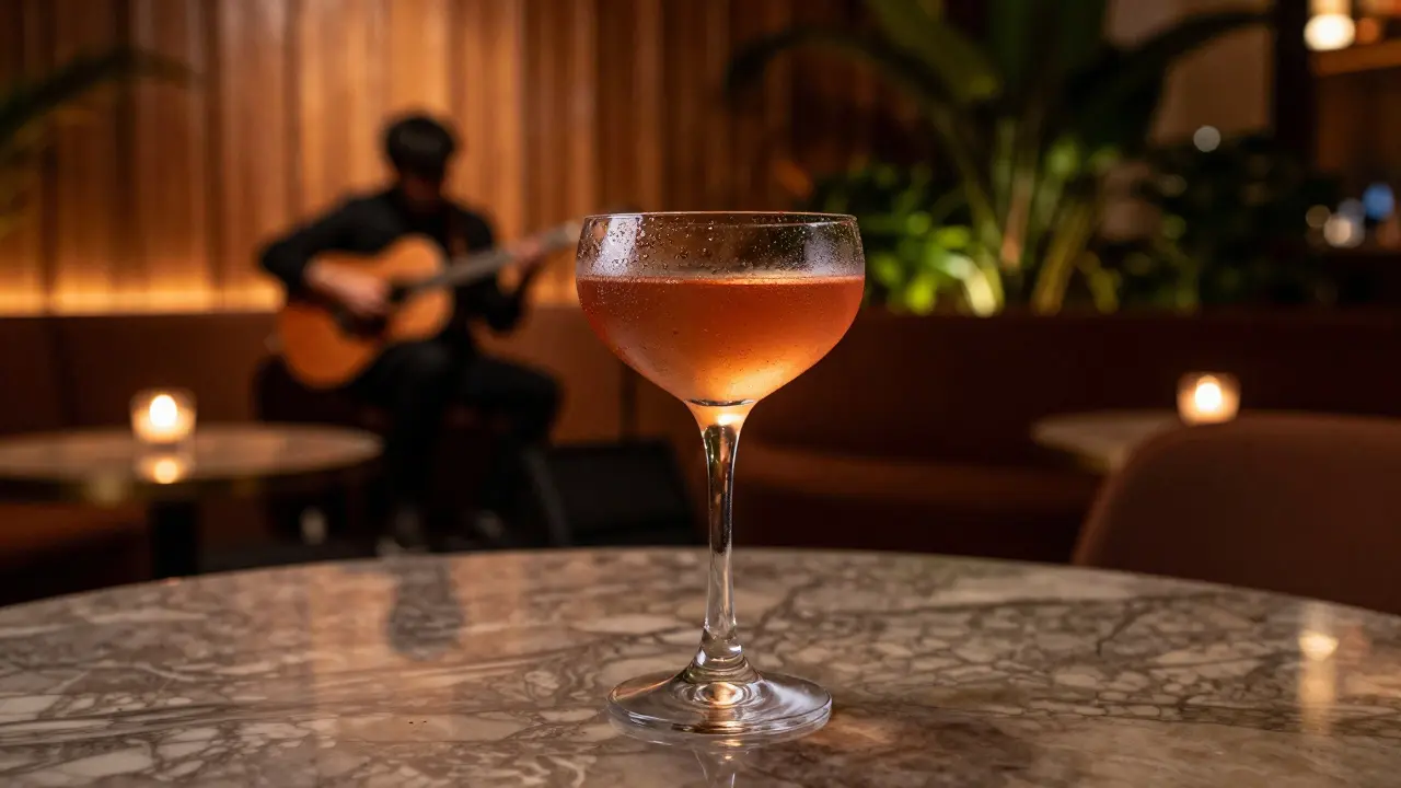 Craft cocktails on table with musician in background