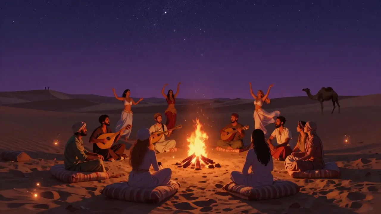 Desert party under starry sky with bonfire, guests seated on cushions, belly dancer in motion, dunes in distance.