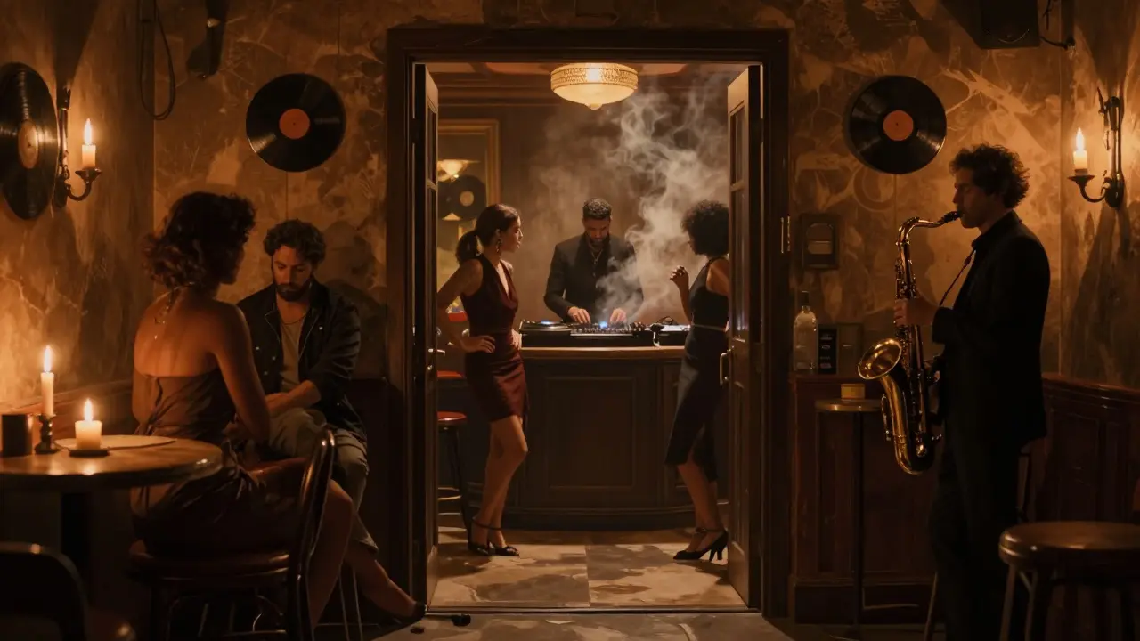 Hidden speakeasy with dim lighting, vinyl records, and a saxophone player performing at night.