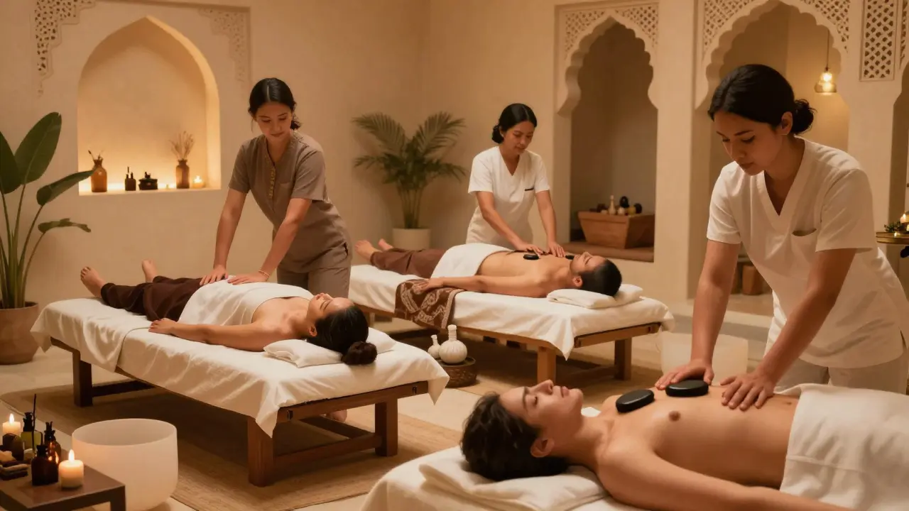Multiple massage therapies underway in a luxurious Dubai spa, featuring Thai stretching, Ayurvedic oils, and hot stones.