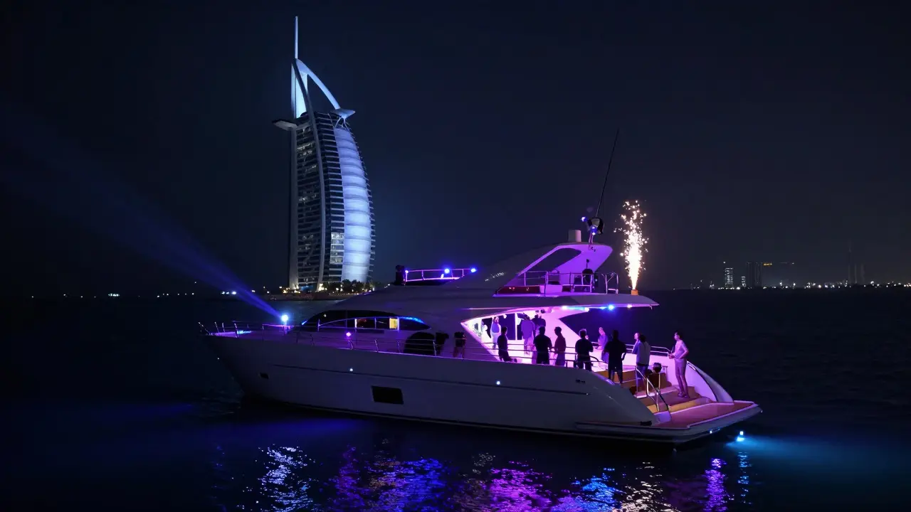 Nighttime yacht party with neon lights and Dubai skyline silhouette in background.