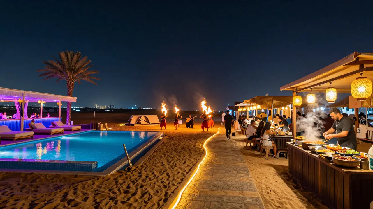 Panoramic view of Dubai’s nightlife: beach club, desert camp, and food market under stars and lanterns.