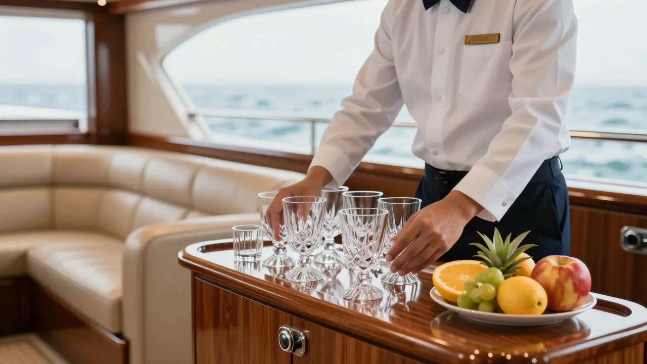 Professional crew member serving drinks on a luxury yacht interior deck.
