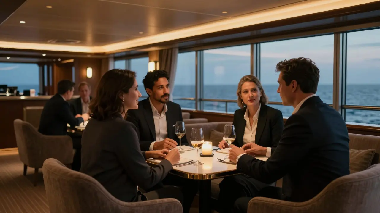 Professionals talking at a table in a luxury yacht club lounge.