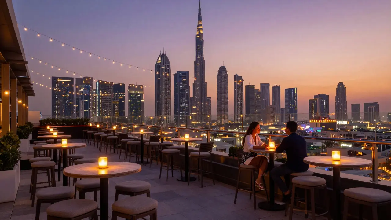 Rooftop bar view overlooking Dubai skyline at twilight