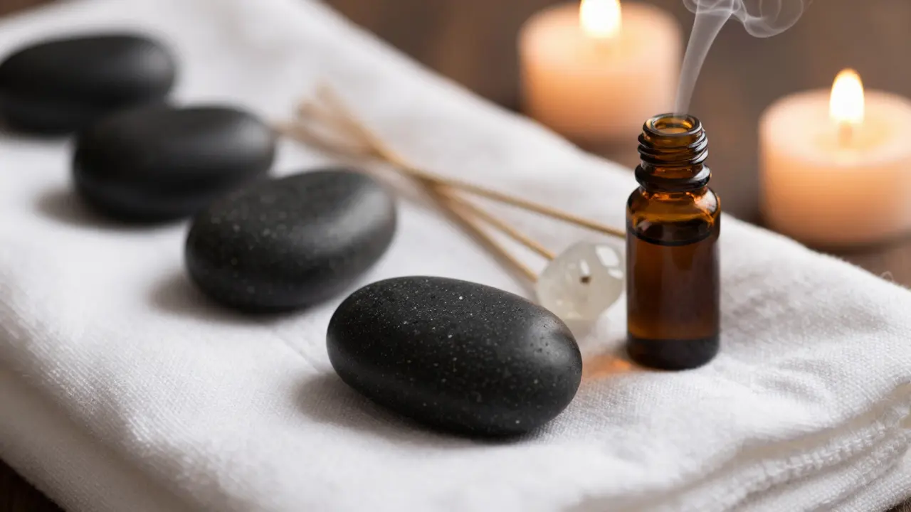 Spa stones and essential oils arranged on white linen towels
