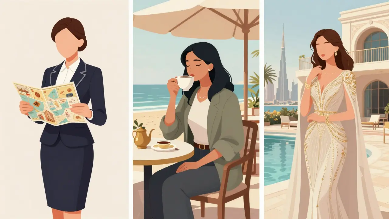 Three distinct types of independent escorts in Dubai: professional, expat, and luxury companion, each in their own setting.