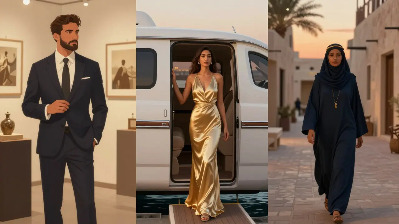Three elegant women in different settings: at an art gallery, on a yacht, and walking through Dubai Creek, each representing a type of luxury companion.