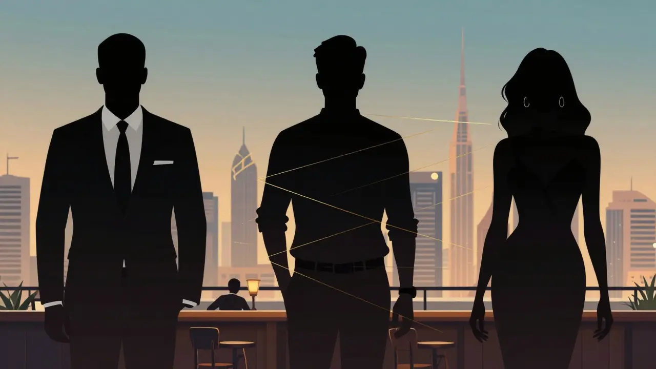 Three stylized silhouettes represent different types of companions in Dubai, connected by golden threads against a glowing cityscape.