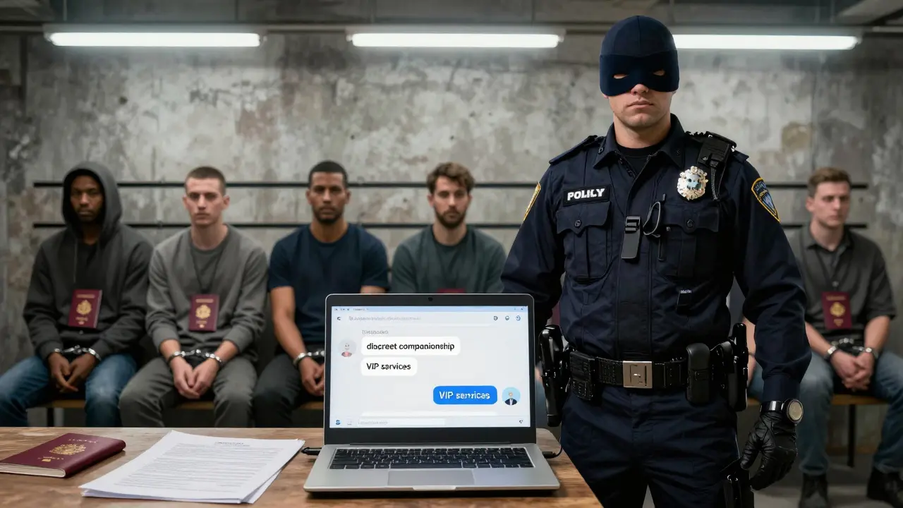 Undercover police officer examines seized electronics while arrested foreigners sit nearby, passports confiscated under harsh fluorescent lights.