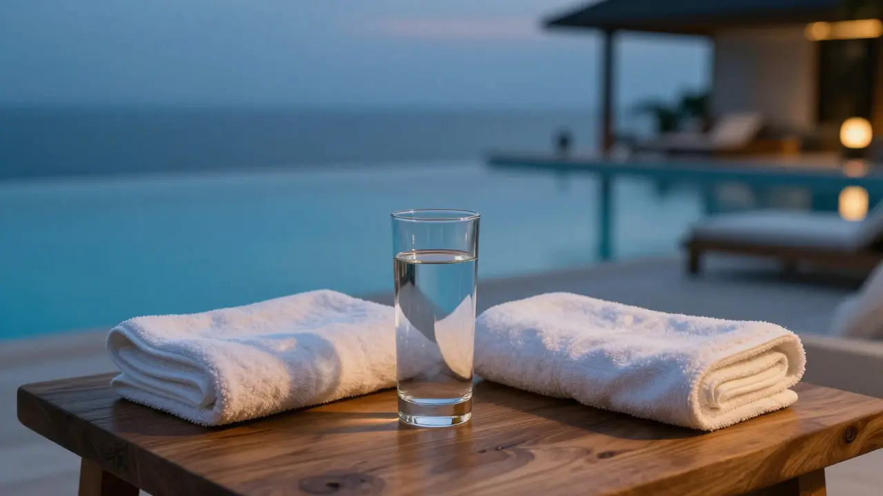 Water glass and towel on table near pool at night