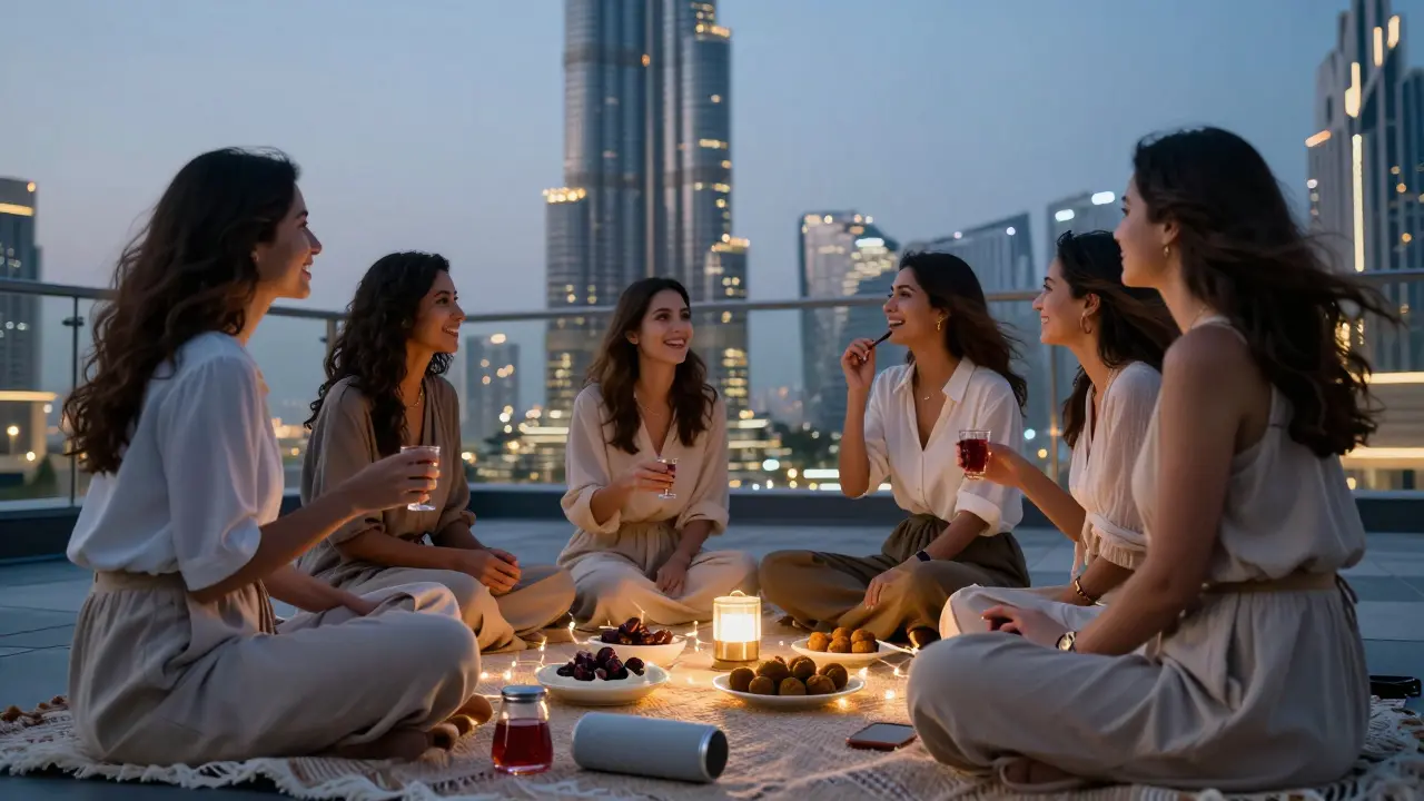 Women having a rooftop picnic at twilight, sharing snacks while admiring the Burj Khalifa's glow.