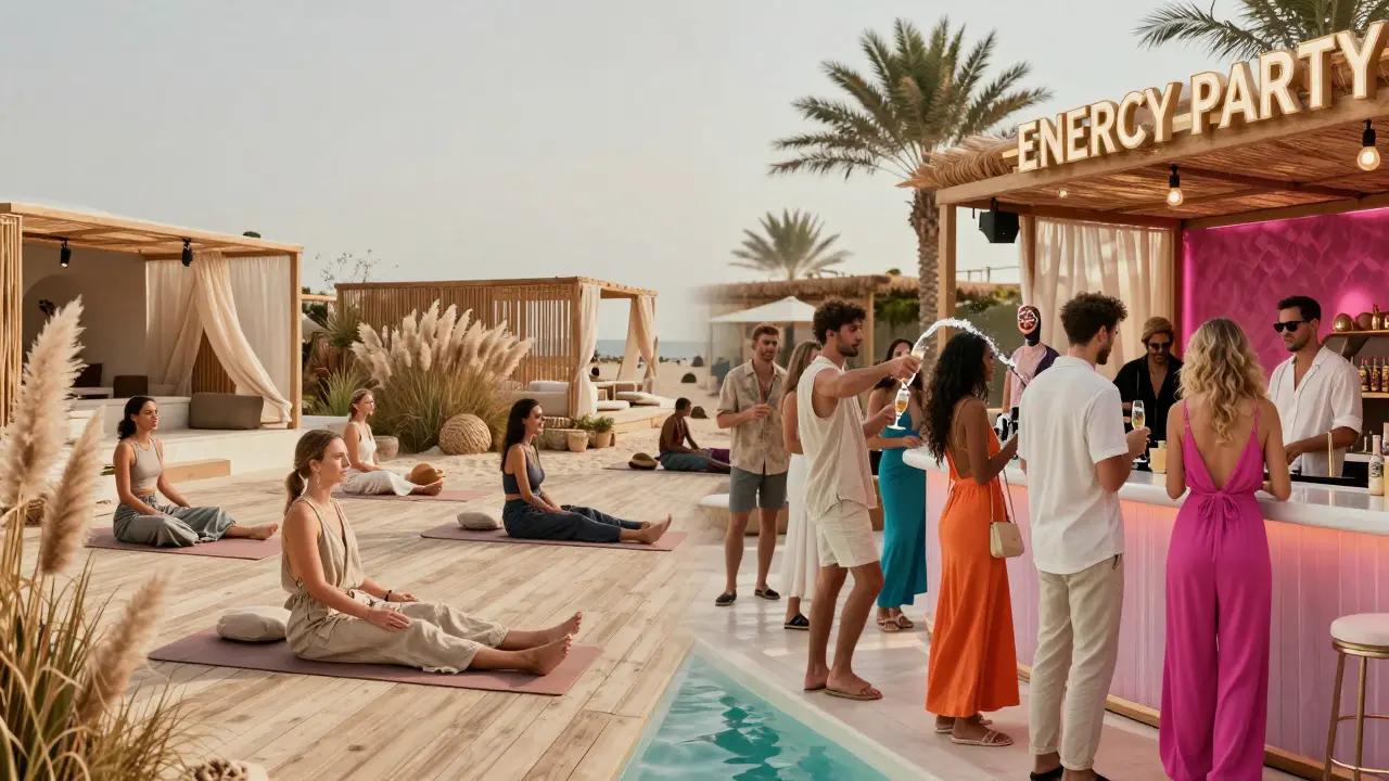 Comparison of a relaxed bohemian beach retreat and a glamorous high-energy party club