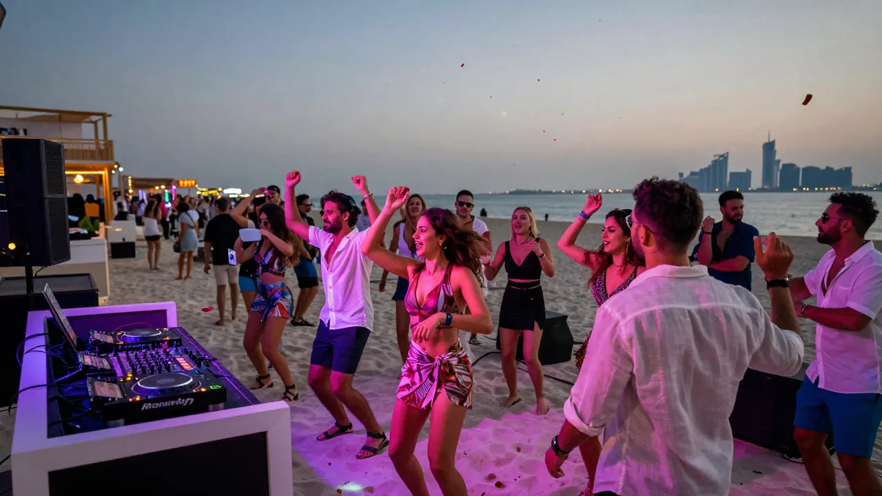 Crowd dancing at a high-energy Dubai beach club party with a DJ during twilight