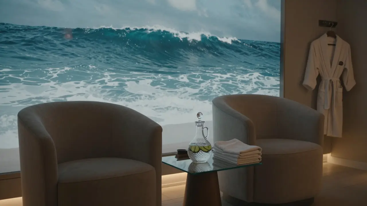 Serene spa relaxation lounge with water decanter and plush seating.