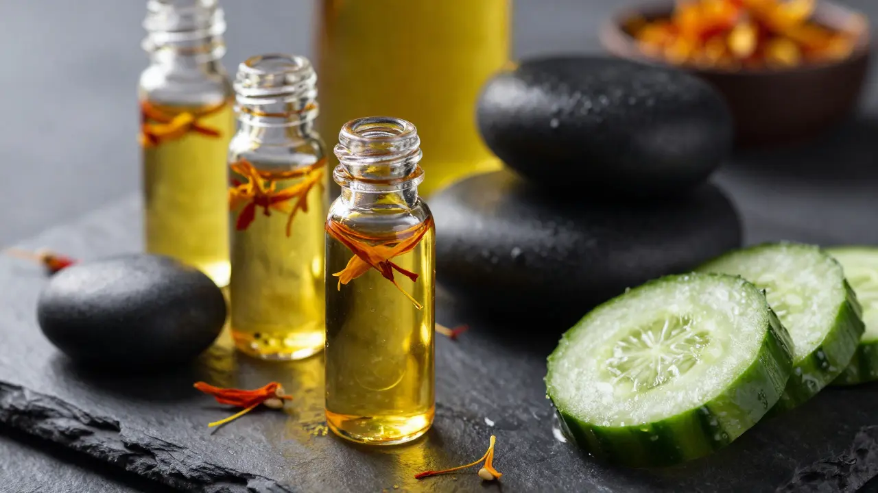 Traditional Arabian spa oils and Hammam stones arranged on slate.